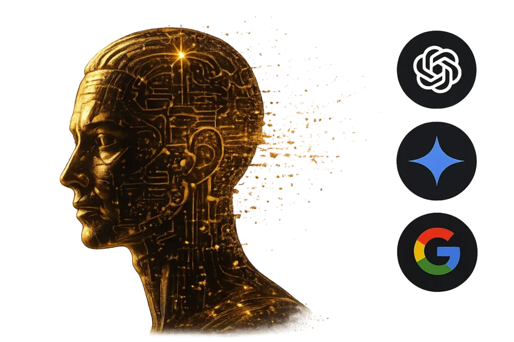 Silhueta de cabeça dourada formada por circuitos de inteligência artificial, com os logotipos da OpenAI, Gemini e Google